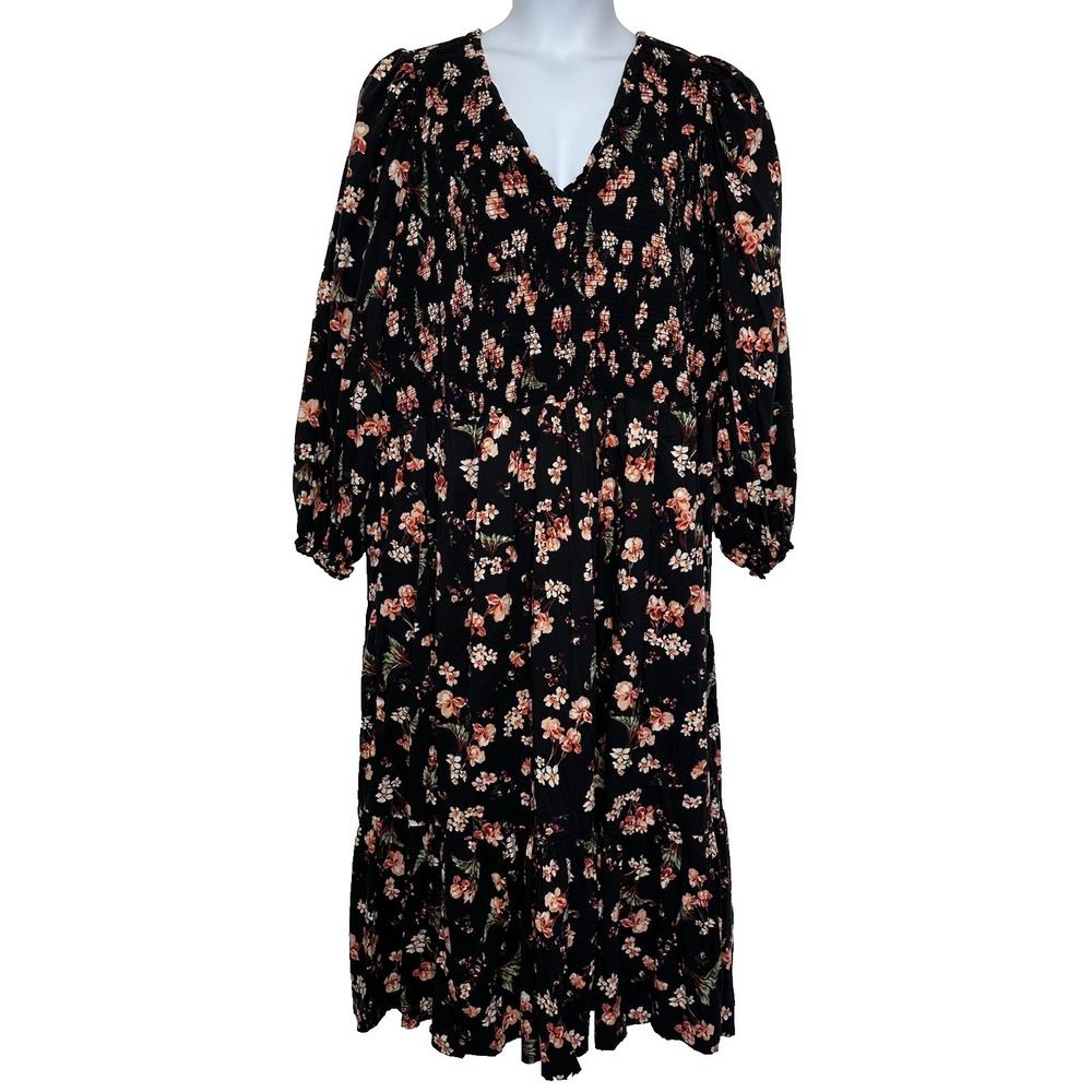 Old Navy Smocked Bodice Maxi Dress 4X Black Ditsy Floral Cottagecore Boho